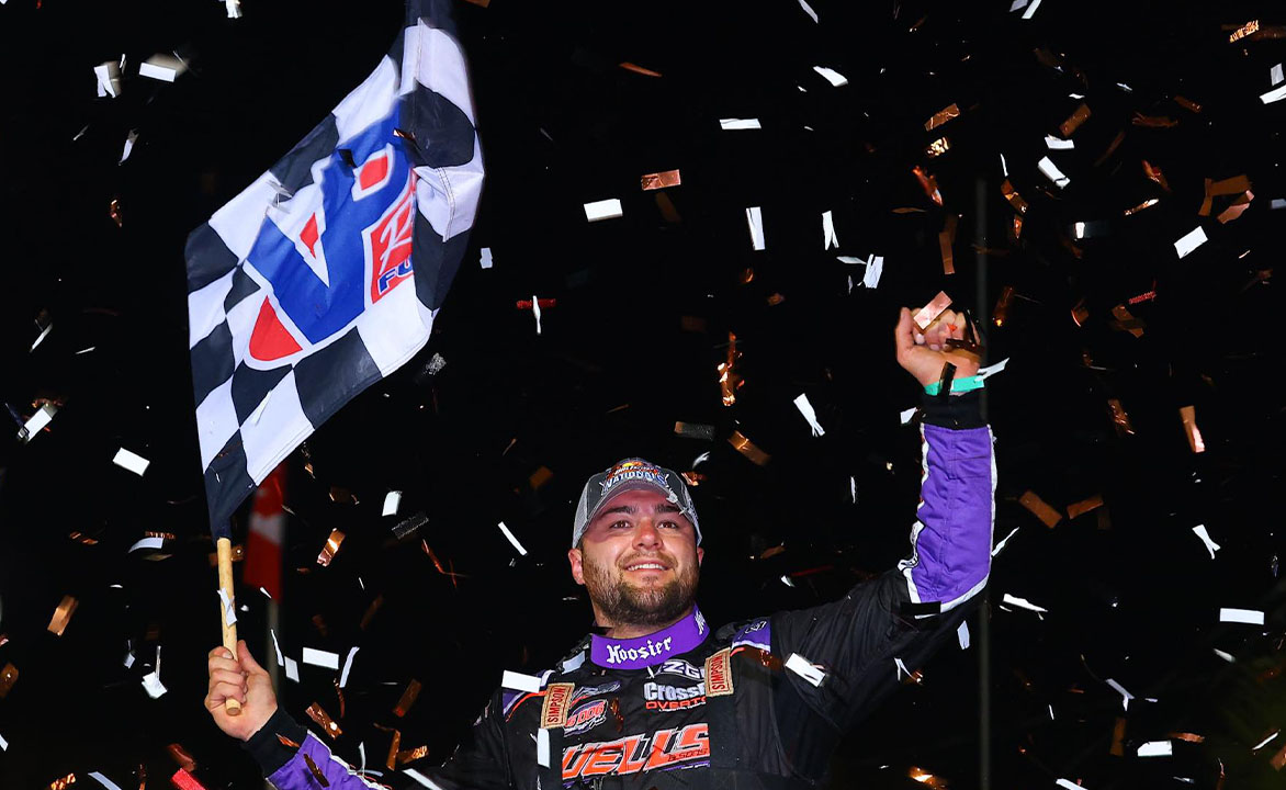 Brandon Overton celebrates win at Volusia Speedway Park