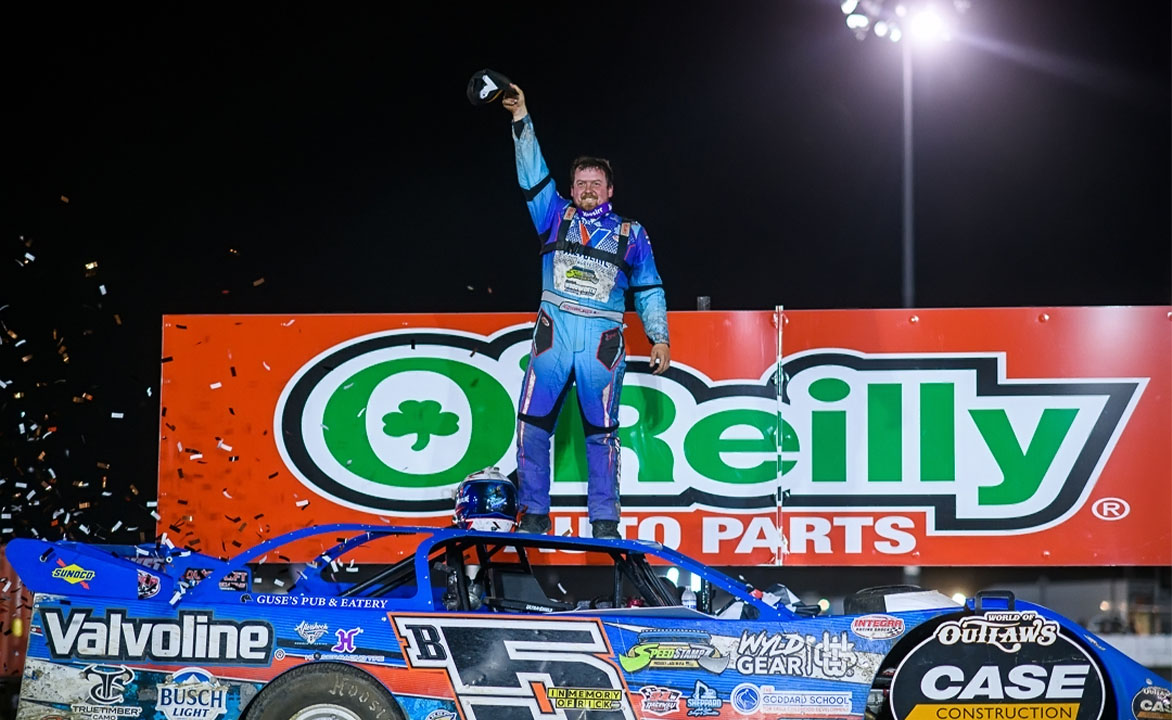 Brandon Sheppard celebrates in Victory Lane at 81 Speedway