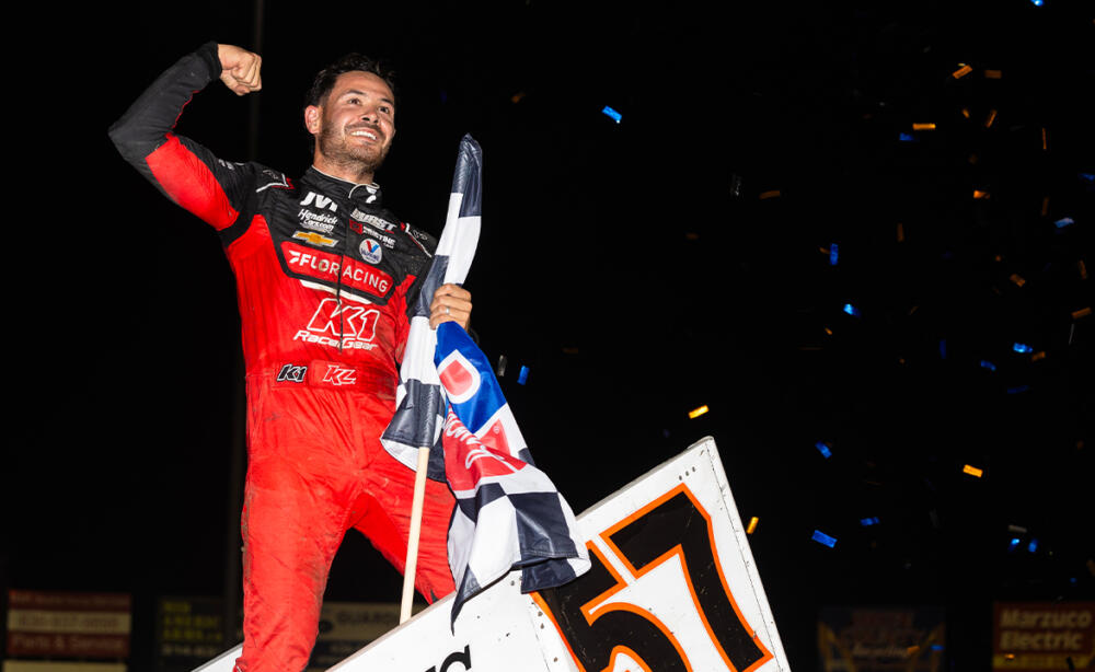 Kyle Larson celebrating his Ironman 55 win with a wing dance