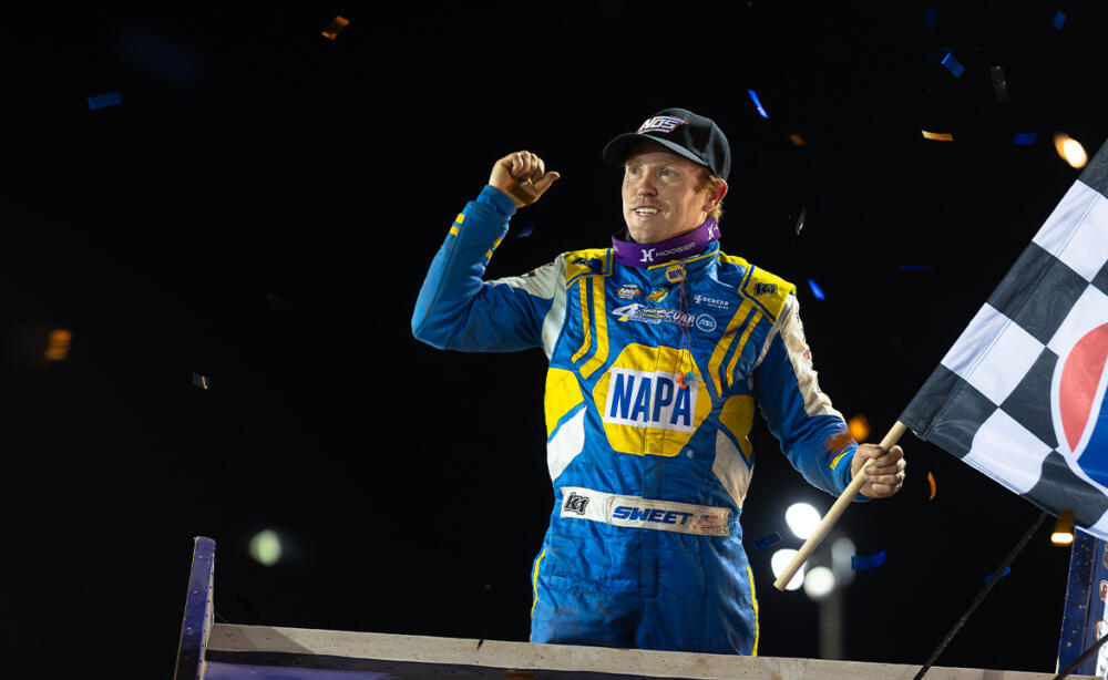 Brad Sweet celebrates Sharon Speedway win with a wing dance.