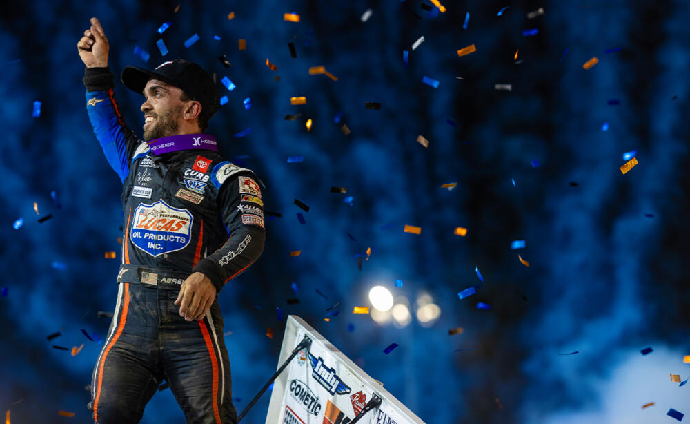 Rico Abreu celebrates with a wing dance at Skagit Speedway