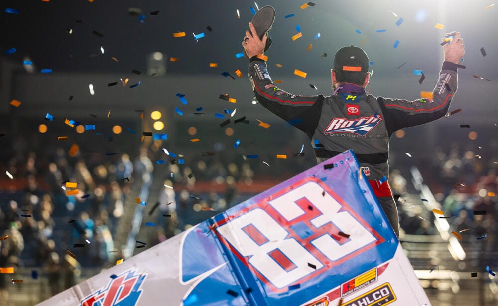 James McFadden celebrates with a wing dance after winning at Jackson Motorplex