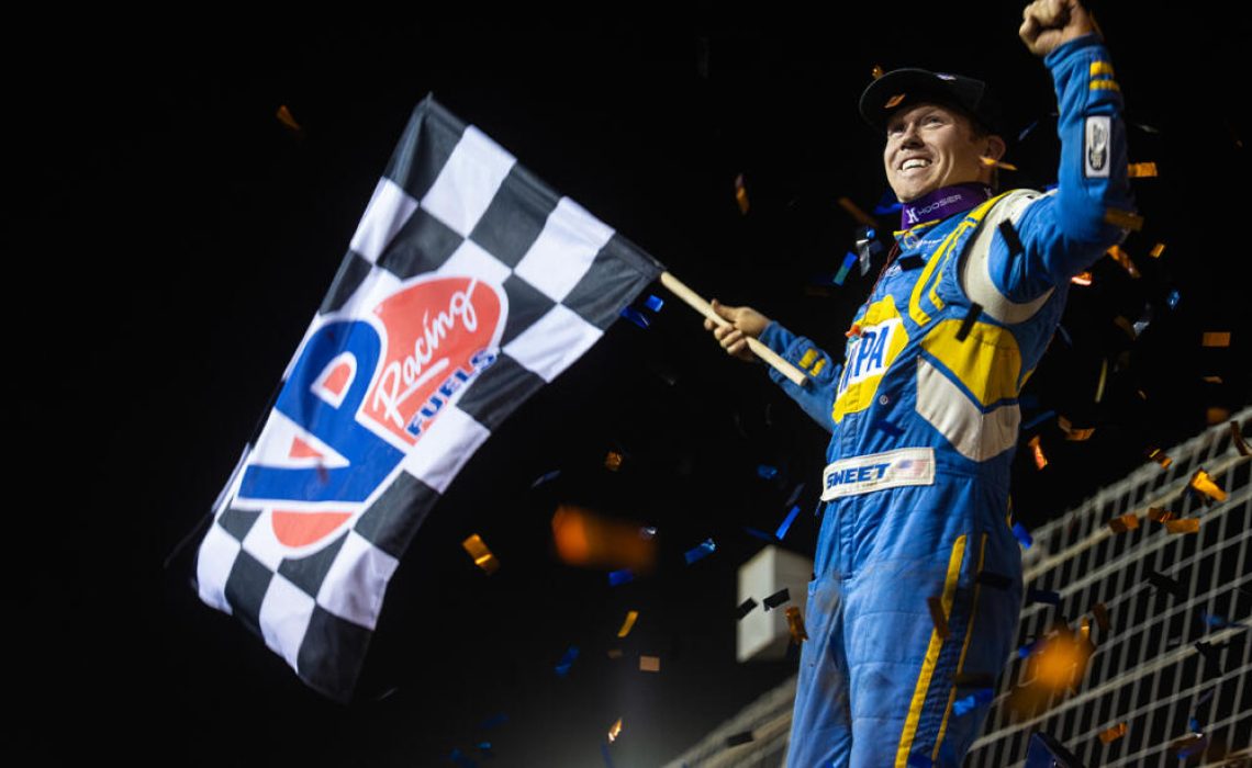 Brad Sweet celebrates his Charlotte win with a wing dance