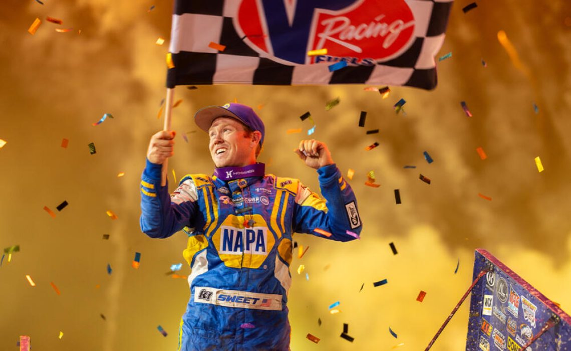 Brad Sweet celebrates with a wing dance after winning the Sage Fruit Skagit Nationals