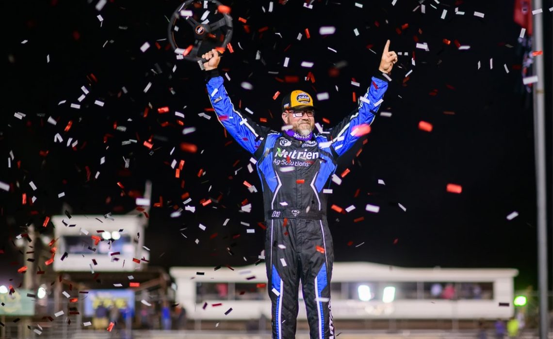 Jonathan Davenport celebrates in Victory Lane at Boone