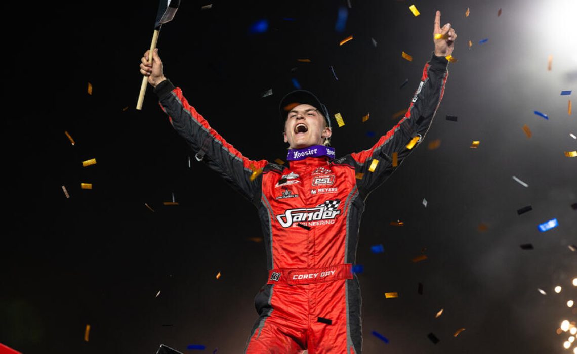 Corey Day celebrates atop his wing at Silver Dollar Speedway