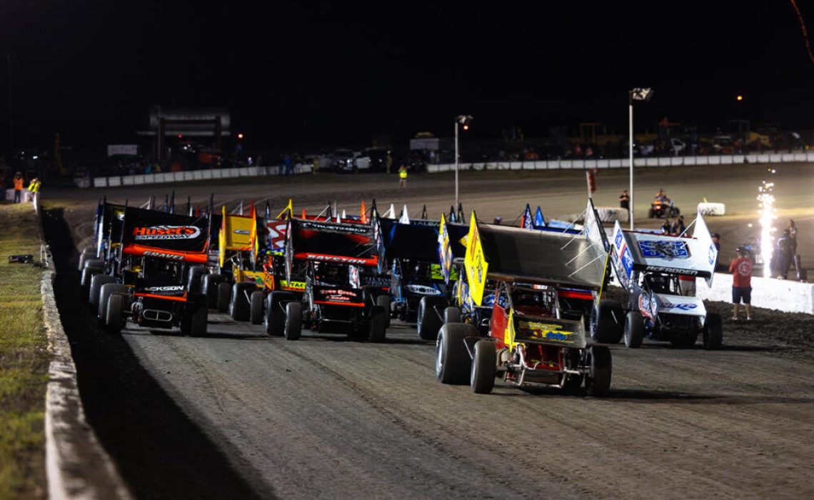 The World of Outlaws in the 4-Wide Salute at Devil's Bowl Speedway