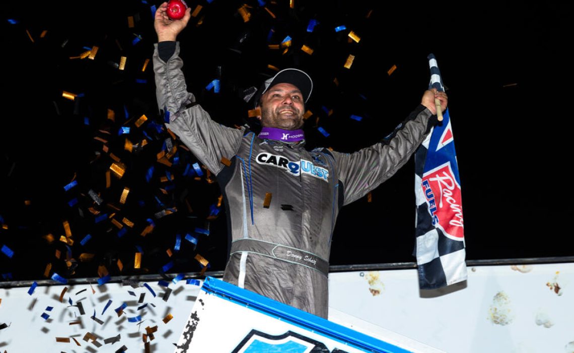 Donny Schatz celebrates his Knoxville Nationals Qualifier win