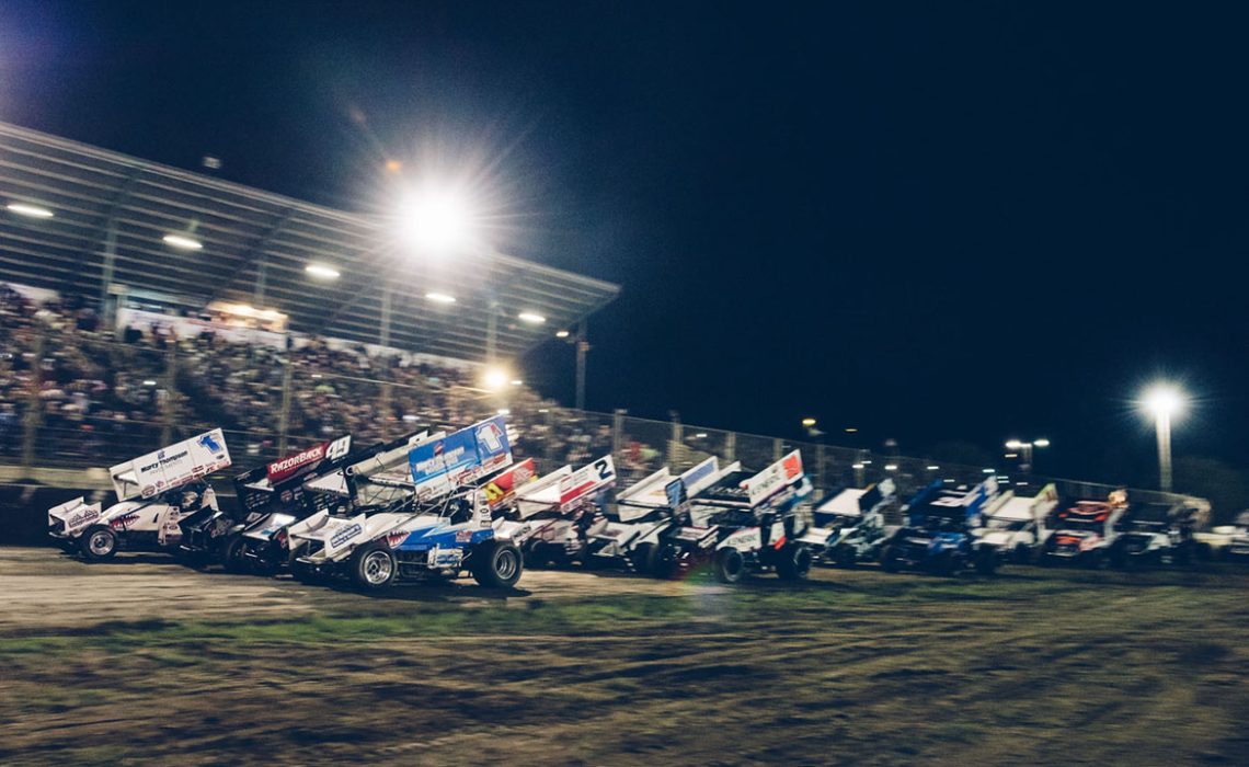 Shark Racing's Logan Shuchart and Jacob Allen start 1-2, World of Outlaws main event, April 1, Watsonville, CA.