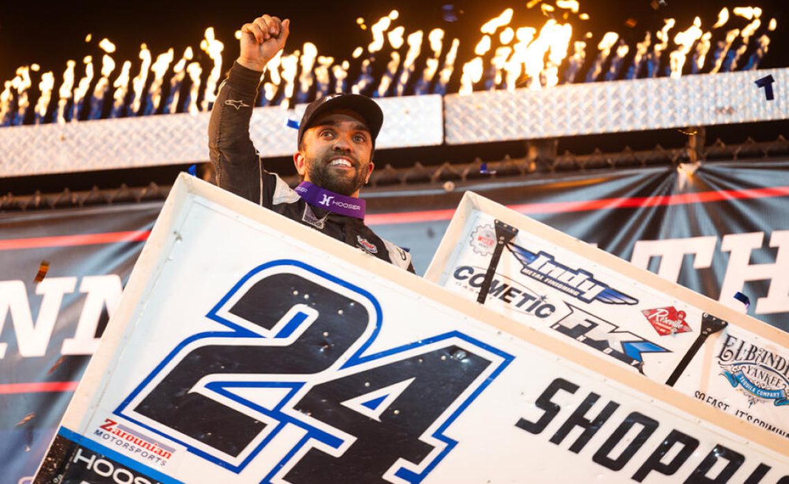 Rico Abreu celebrates his Eldora win with a wing dance.