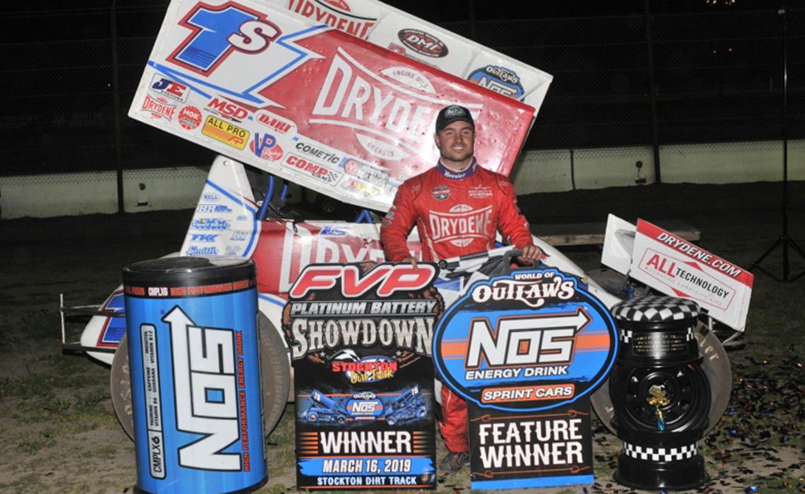 Logan Schuchart in victory lane after winning the World of Outlaw NOS Energy Drink Sprint Car Series Feature at the Stockton Dirt Track (M&M Photos)