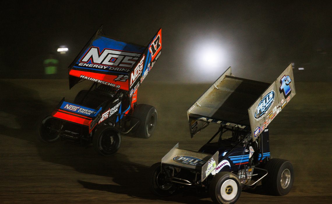 Sheldon Haudenschild and Jacob Allen race at Atomic Speedway