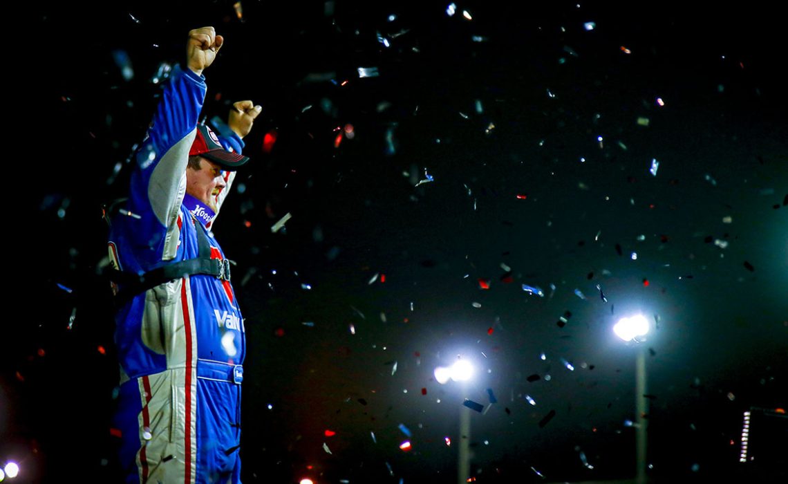 Brandon Sheppard celebrates in Victory Lane after winning the opening night of the World of Outlaws Morton Buildings Late Models DIRTcar Nationals at Volusia Speedway Park in DeLeon Springs, Florida.