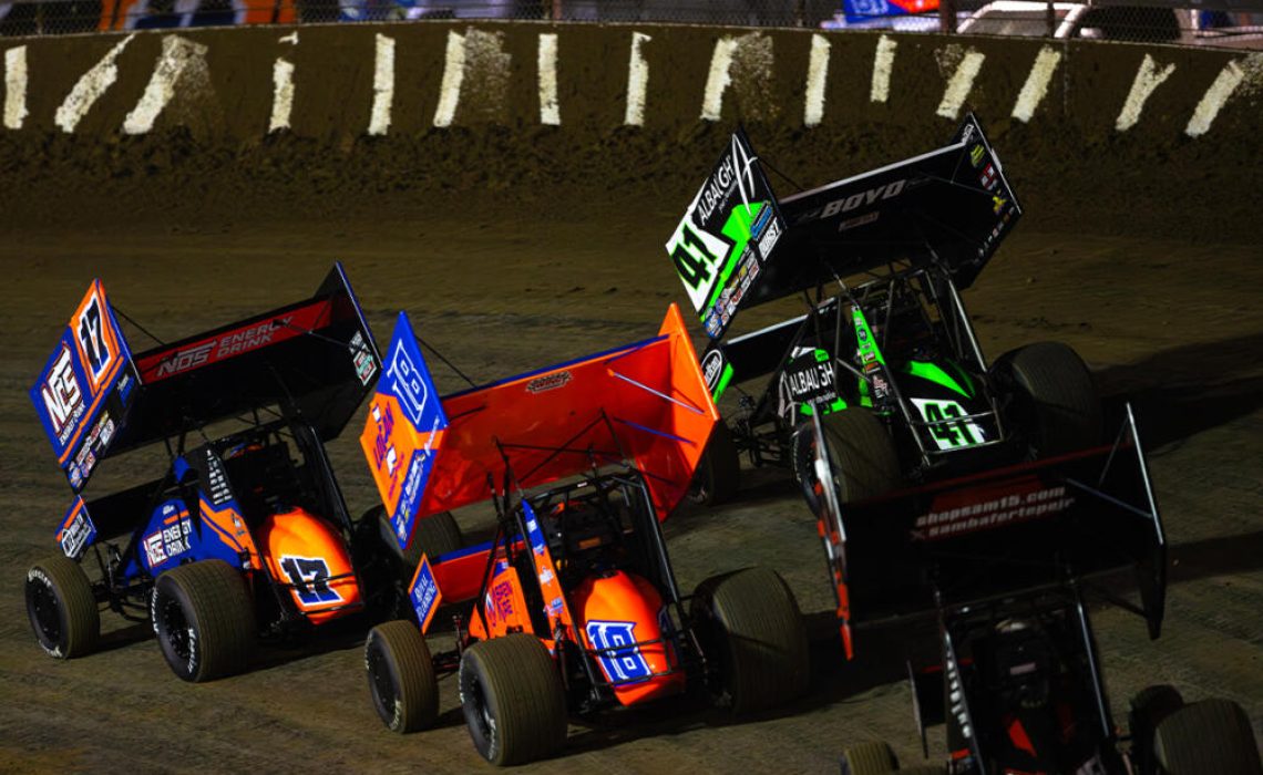 Sheldon Haudenschild, Carson Macedo, Gio Scelzi, and Sam Hafertepe Jr. line up for the start of a race