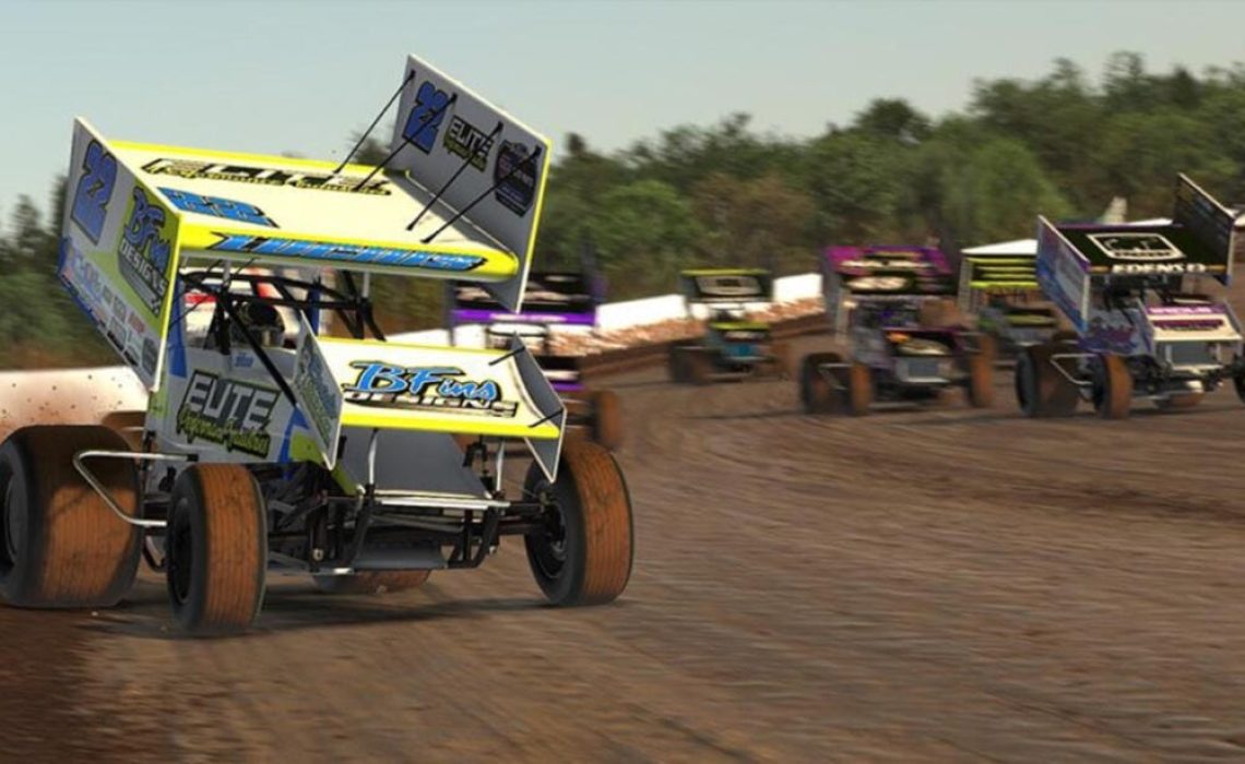 A group of iRacing Sprint Cars race around Weedsport Speedway